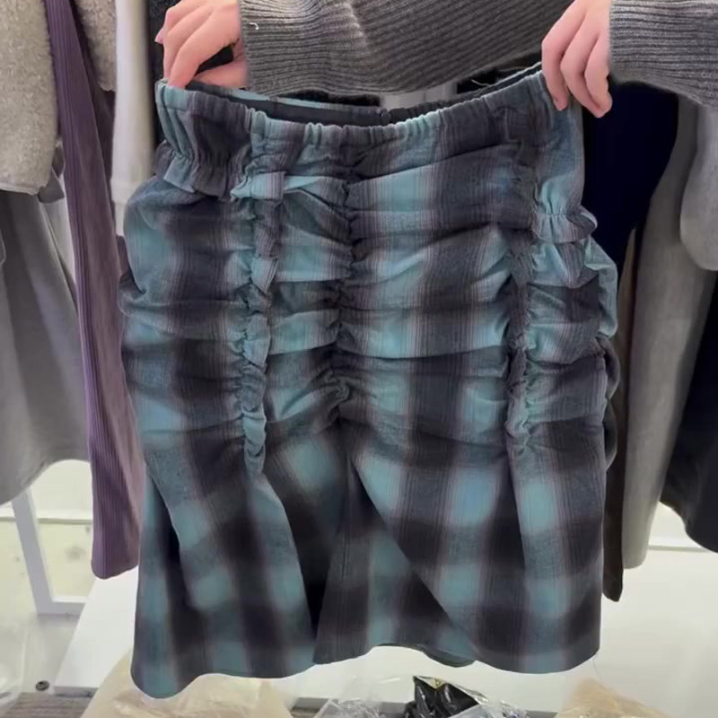 欧货高端定制青色格纹大码半身裙