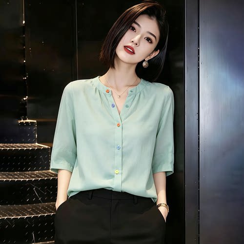 欧货高端气质百搭绿色大码上衣女