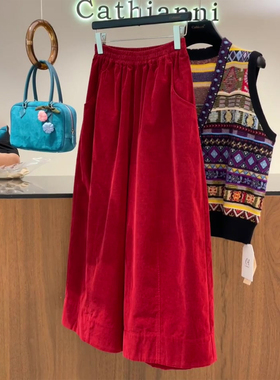 欧货高端定制红色灯芯绒阔腿裤女2025冬季新款大码垂坠感休闲裤子