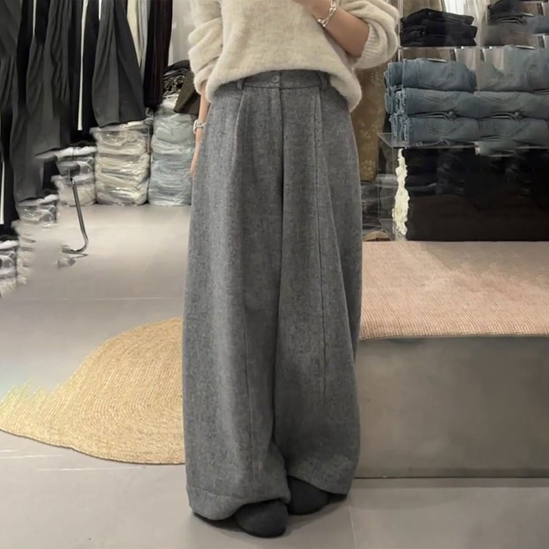 欧货高端定制灰色毛呢大码阔腿裤