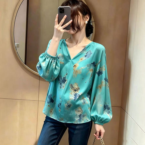 欧货高端湖蓝色水彩印花大码上衣