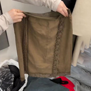 加厚A字裙子 新款 欧货高端定制卡其色蕾丝边大码 半身裙女2025冬季