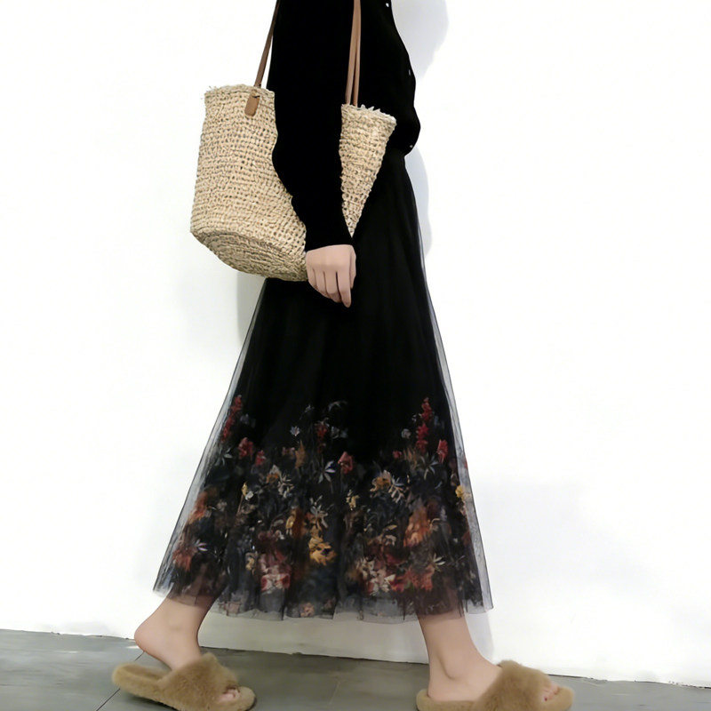 欧货高端定制黑色网纱大码半身裙女2026早春新款印花复古A字裙子,女装/女士精品,大码半身裙,淘宝优惠券,粉丝福利购,淘宝优惠卷