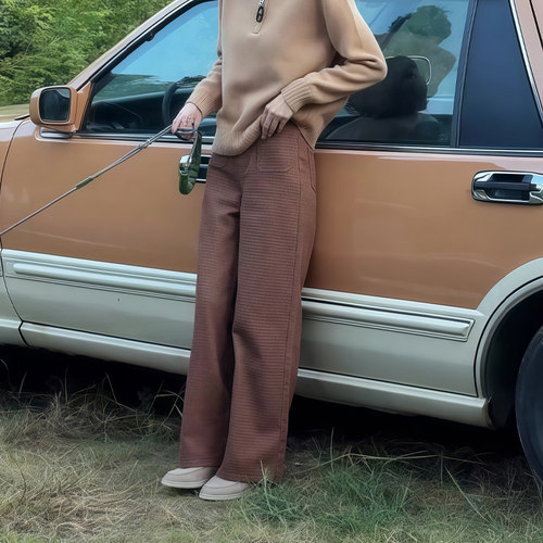 欧货高端定制棕色提花休闲阔腿裤