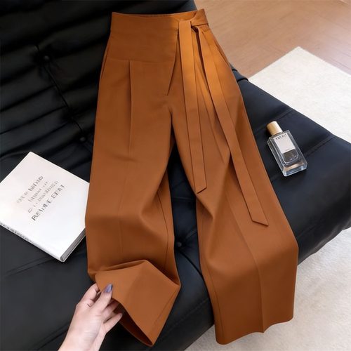 高端定制焦糖色大码系带阔腿裤女