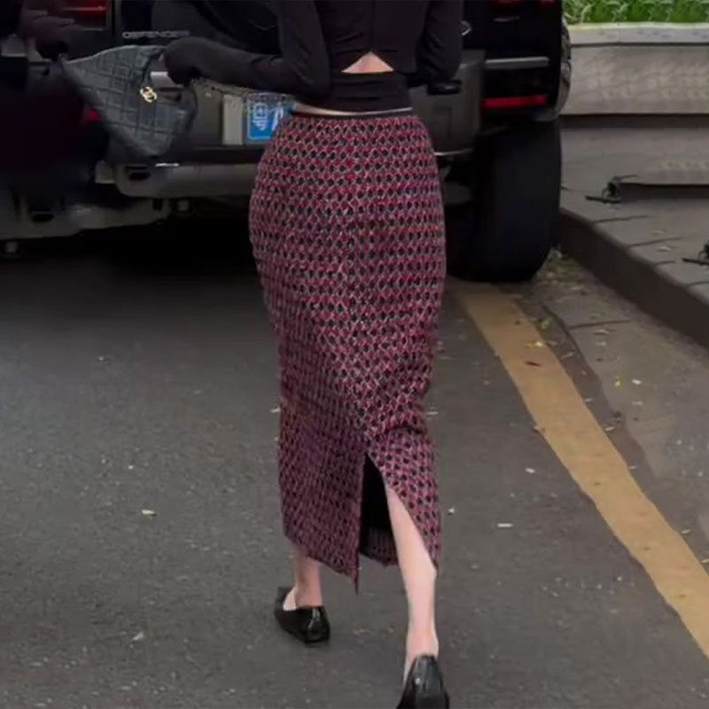 高端定制酒红色菱格大码半身裙女