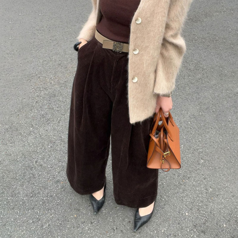 高端定制棕色灯芯绒大码阔腿裤女