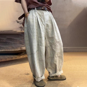高端定制米白色亚麻格子大码 慵懒休闲灯笼裤 阔腿裤 女2026春夏新款