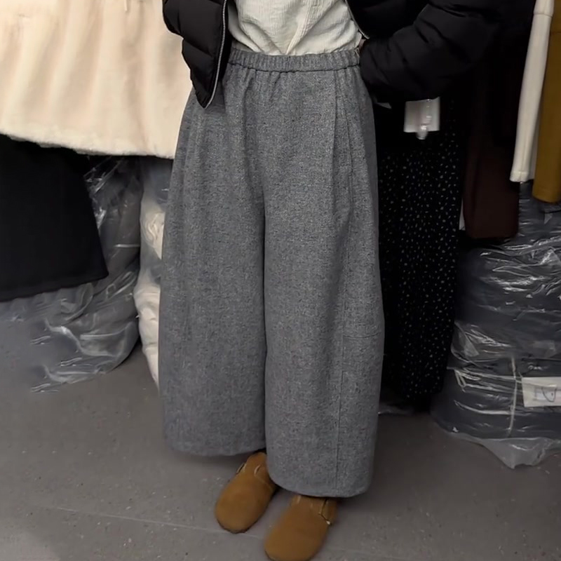 欧货高端定制灰色毛呢大码阔腿裤