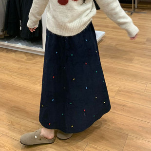 加厚A字长裙 新款 欧货高端定制藏青色灯芯绒大码 半身裙女2025冬季