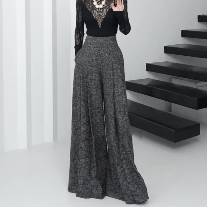 高端定制花灰色毛呢大码阔腿裤女
