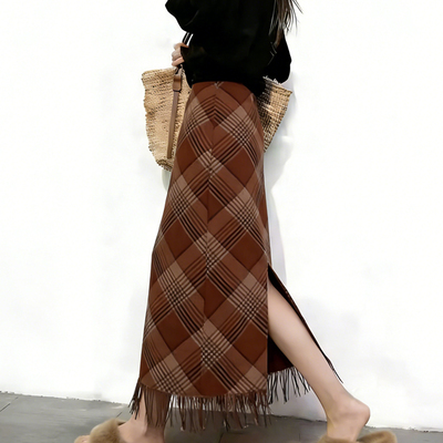 高端定制棕色毛呢大码格纹半身裙