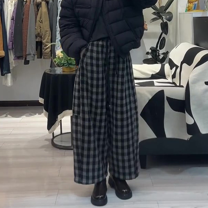 高端定制灰色毛呢大码格子阔腿裤