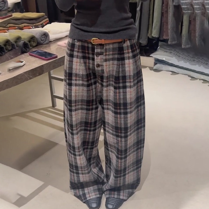 高端定制撞色毛呢大码格纹阔腿裤女2025冬季新款加厚慵懒风休闲裤,女装/女士精品,大码裤装,淘宝优惠券,粉丝福利购,淘宝优惠卷