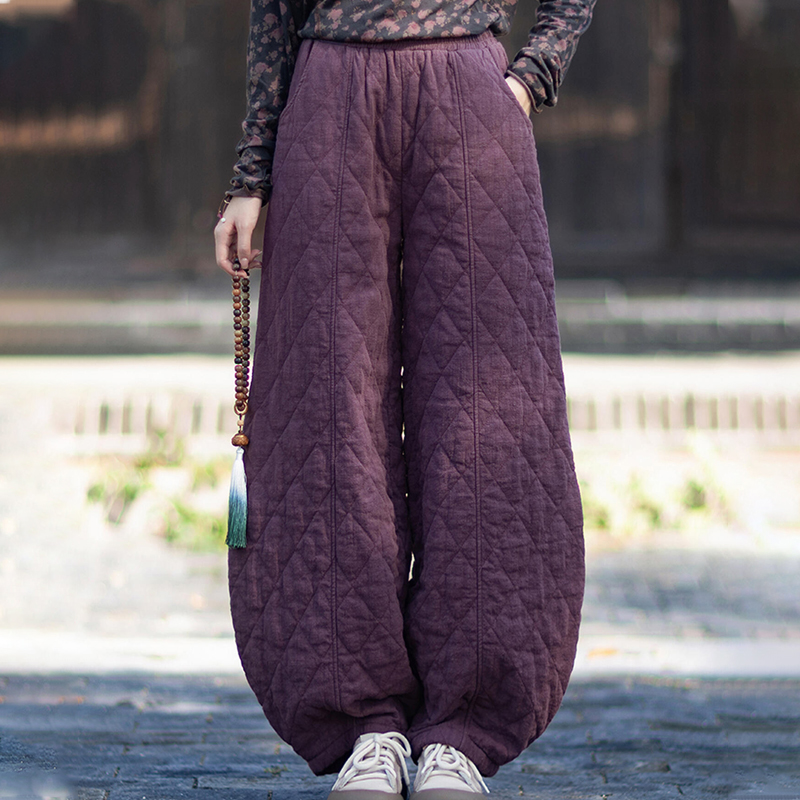 欧货高端定制紫色菱格夹棉阔腿裤