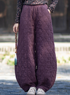 欧货高端定制紫色菱格夹棉阔腿裤女2025秋季新款宽松百搭休闲裤子