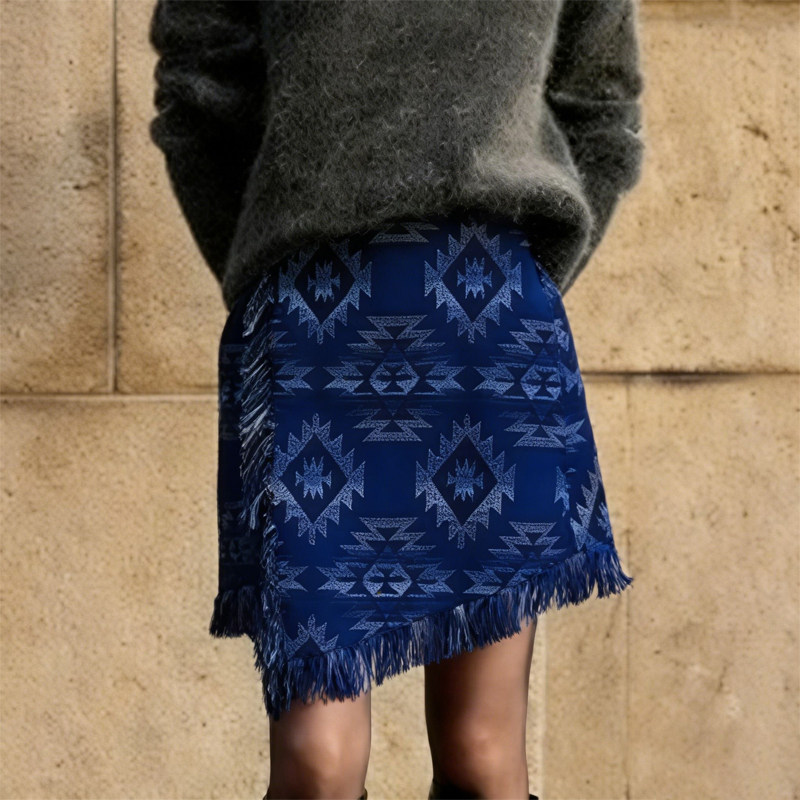 欧货高端定制深蓝色大码半身裙女2026早春新款民族几何纹样A字裙,女装/女士精品,大码半身裙,淘宝优惠券,粉丝福利购,淘宝优惠卷