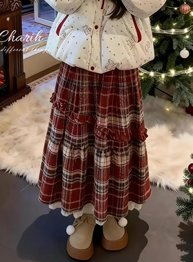 欧货高端定制红色格纹大码半身裙女2025冬季新款加厚复古百褶裙子