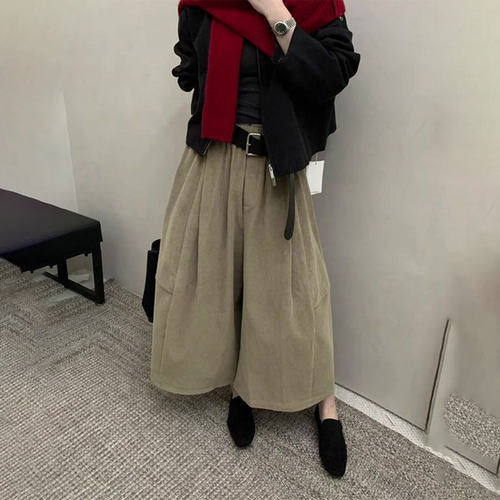 卡其色大码灯芯绒褶皱阔腿裤女