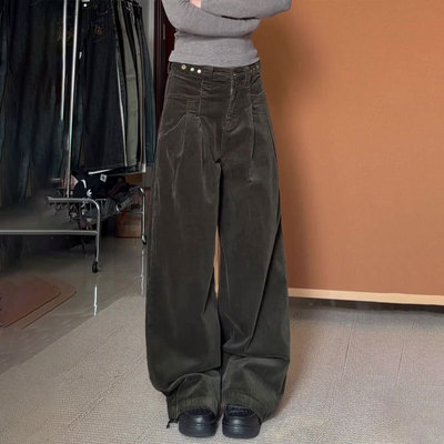 定制墨绿色灯芯绒大码阔腿裤女