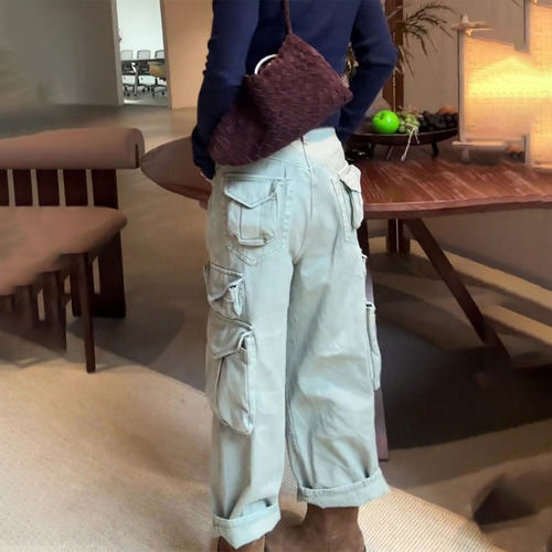 欧货定制淡绿色大码复古工装裤女