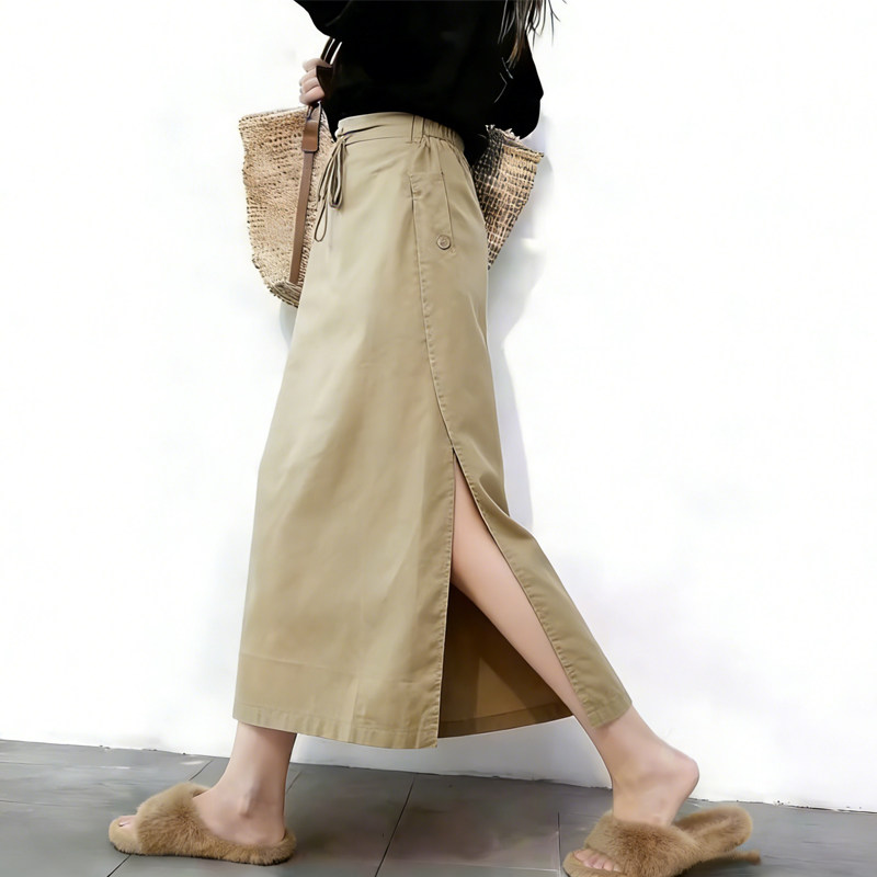 欧货高端定制卡其色大码工装半身裙女2026早春新款高腰抽绳A字裙,女装/女士精品,大码半身裙,淘宝优惠券,粉丝福利购,淘宝优惠卷