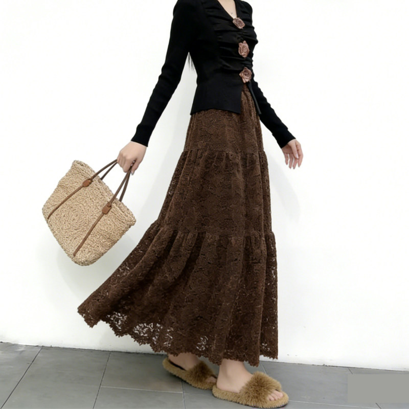 欧货高端定制深棕色蕾丝大码半身裙女2026早春新款轻熟风大摆裙子,女装/女士精品,大码半身裙,淘宝优惠券,粉丝福利购,淘宝优惠卷