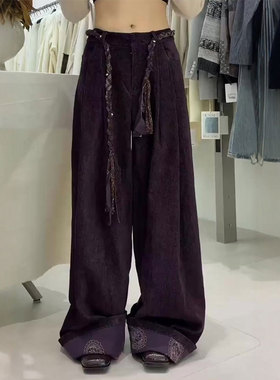 高端定制紫色大码阔腿裤女2025冬季新款加厚慵懒复古风拖地休闲裤