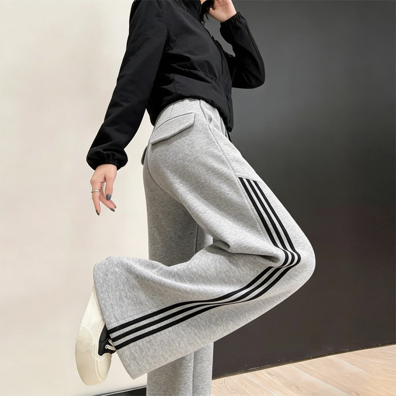欧货高端定制浅灰色条纹大码阔腿裤女2026早春新款抽绳休闲直筒裤,女装/女士精品,大码裤装,淘宝优惠券,粉丝福利购,淘宝优惠卷