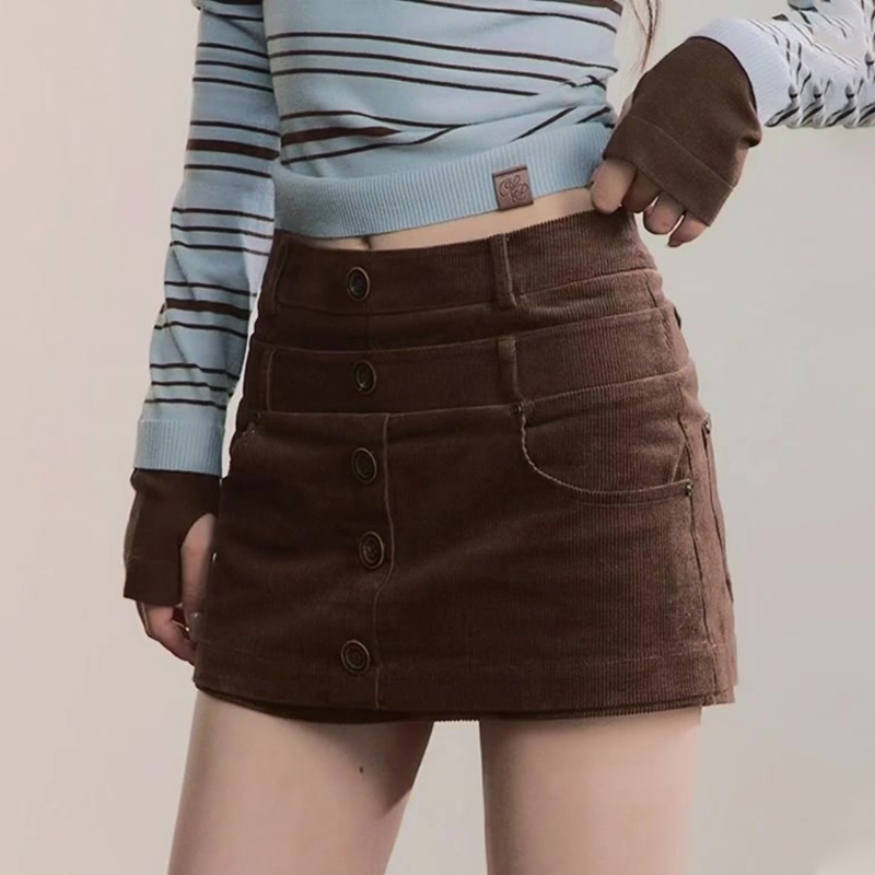 高端定制棕色灯芯绒大码半身裙裤
