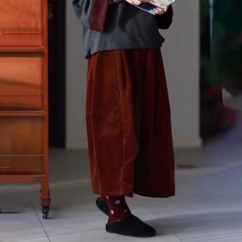 高端定制红色灯芯绒大码阔腿裤女