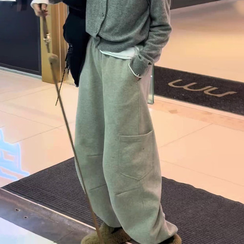 欧货高端定制水泥灰毛呢阔腿裤女