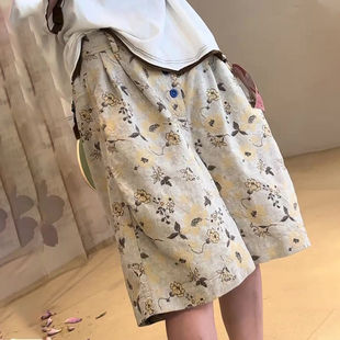 顯瘦減齡定制時尚 杏色復古印花棉麻五分褲 新款 闊腿褲 女2025夏季 子