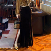 新款 高端定制棕色丝绒大码 开叉半身裙2025秋季 轻奢气质优雅长裙子