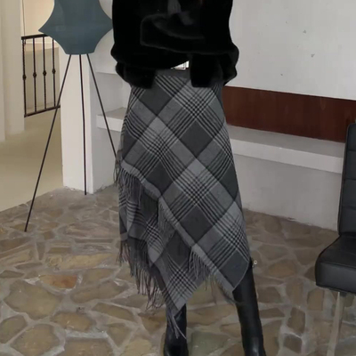 欧货高端定制灰色格纹大码半身裙