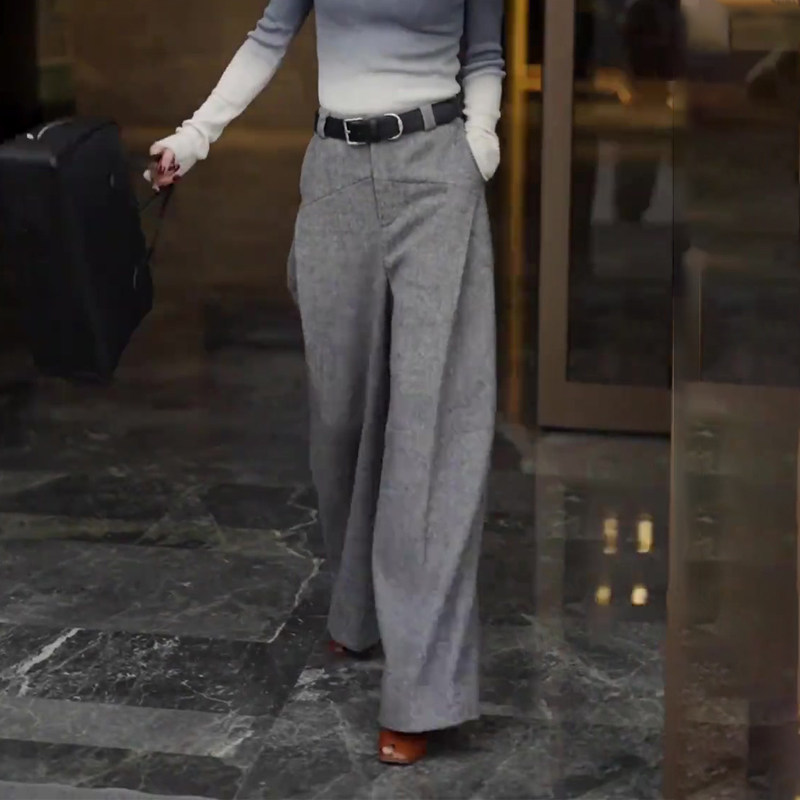 欧货高端定制浅灰色毛呢大码阔腿裤女2025冬季厚款慵懒风休闲裤子,女装/女士精品,大码裤装,淘宝优惠券,粉丝福利购,淘宝优惠卷