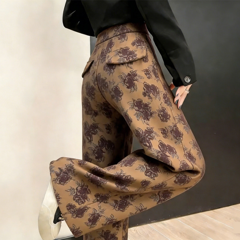 欧货高端定制焦糖色大码阔腿裤女2026早春新款暗紫印花休闲直筒裤,女装/女士精品,大码裤装,淘宝优惠券,粉丝福利购,淘宝优惠卷