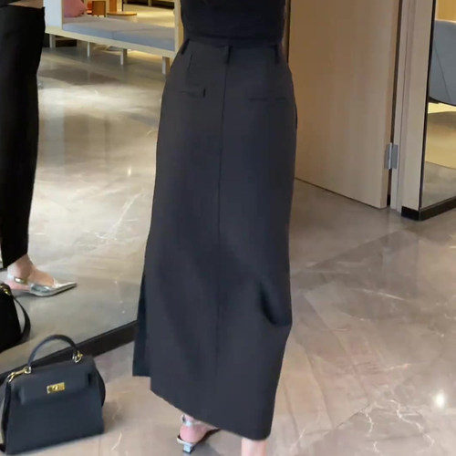 黑色高腰侧开叉西装半身裙女