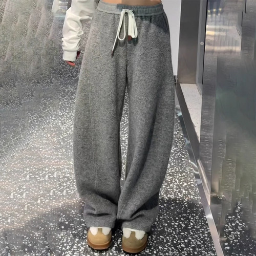 高端定制灰色大码拖地阔腿卫裤女