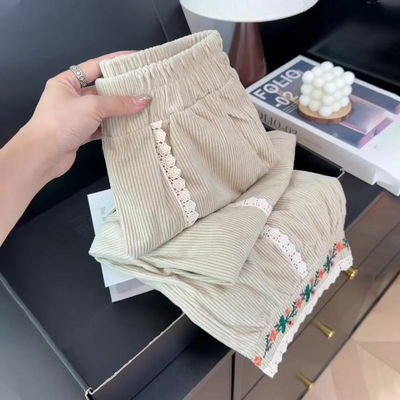 高端定制卡其色大码蕾丝边阔腿裤