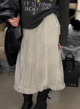 高端定制米白色丝绒大码半身裙女2025冬季新款加厚木耳边A字裙子