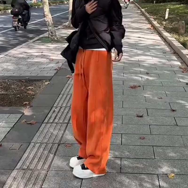 欧货高端定制橙红色大码阔腿卫裤