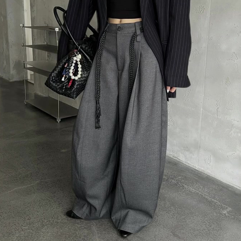 欧货高端定制灰色大码西装阔腿裤