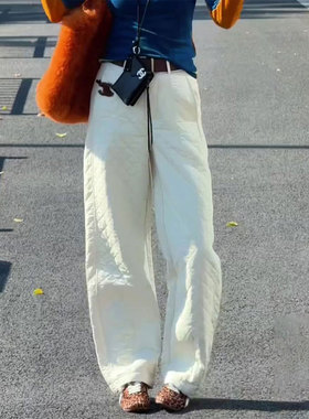 欧货高端定制白色大码阔腿棉裤女2025冬季新款加厚慵懒风休闲裤子