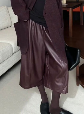 高端定制棕红色大码七分皮裤女2025秋季新款潮流宽松休闲阔腿裤子
