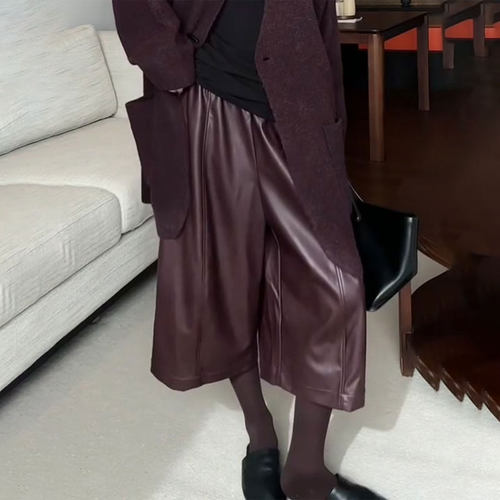 高端定制棕红色大码七分皮裤女