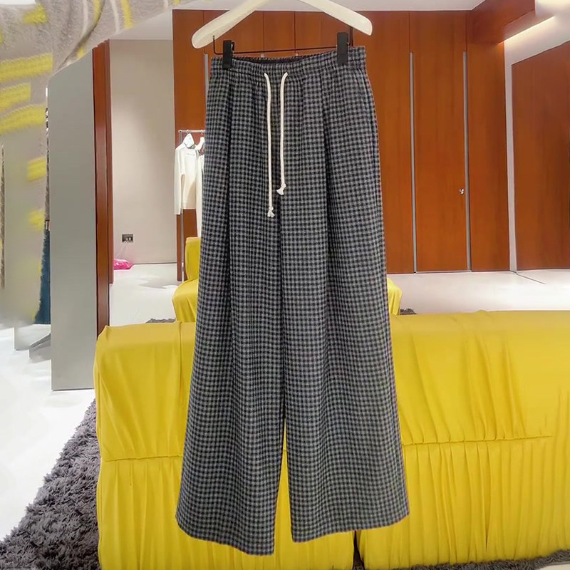 欧货高端定制灰色格纹大码阔腿裤