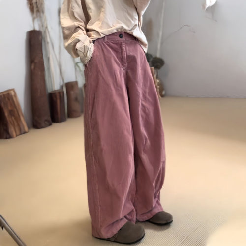 粉色复古灯芯绒大码阔腿裤女装