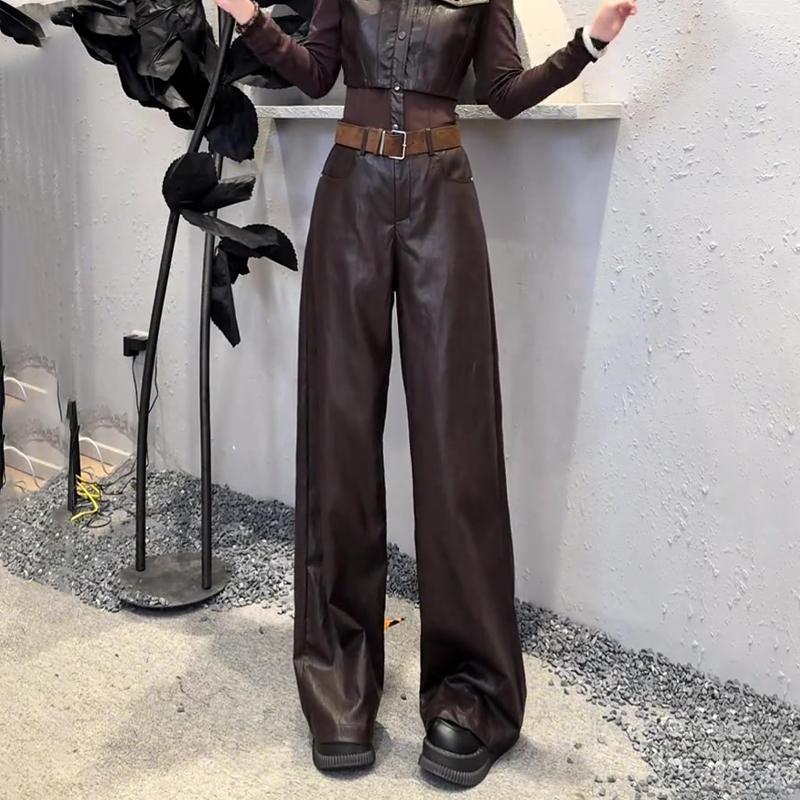 欧货高端定制棕色大码阔腿pu皮裤