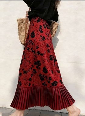 欧货高端定制红色荷叶边大码半身裙女2025冬季新款加厚印花A字裙